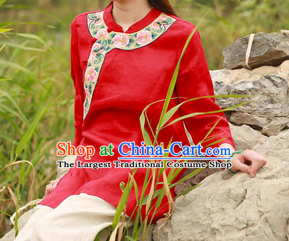 Chinese Tang Suit Embroidered Red Shirt National Upper Outer Garment Flax Costume