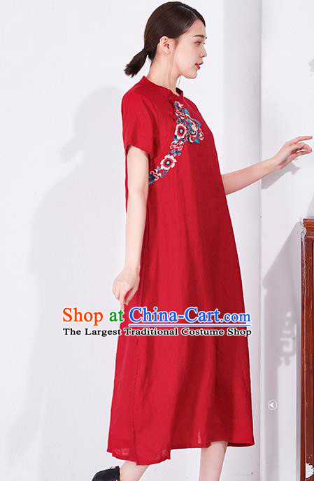 China National Qipao Clothing Traditional Women Dress Classical Embroidered Red Flax Cheongsam