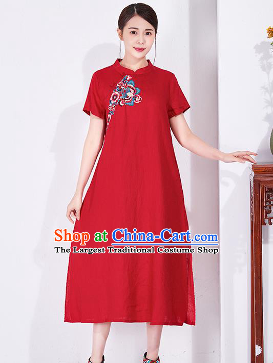 China National Qipao Clothing Traditional Women Dress Classical Embroidered Red Flax Cheongsam