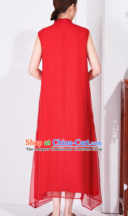 China Classical Embroidered Red Chiffon Cheongsam National Qipao Clothing Traditional Women Dress