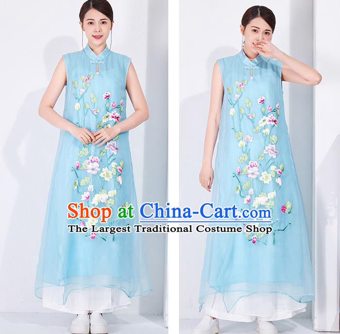 China Embroidered Blue Chiffon Cheongsam Traditional Women Classical Dress National Qipao Clothing
