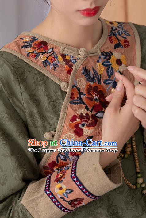 China Tang Suit Olive Green Flax Qipao Tea Culture Clothing Traditional Women Classical Dress National Embroidered Cheongsam