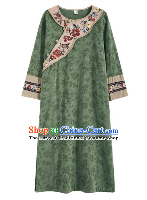China Tang Suit Olive Green Flax Qipao Tea Culture Clothing Traditional Women Classical Dress National Embroidered Cheongsam