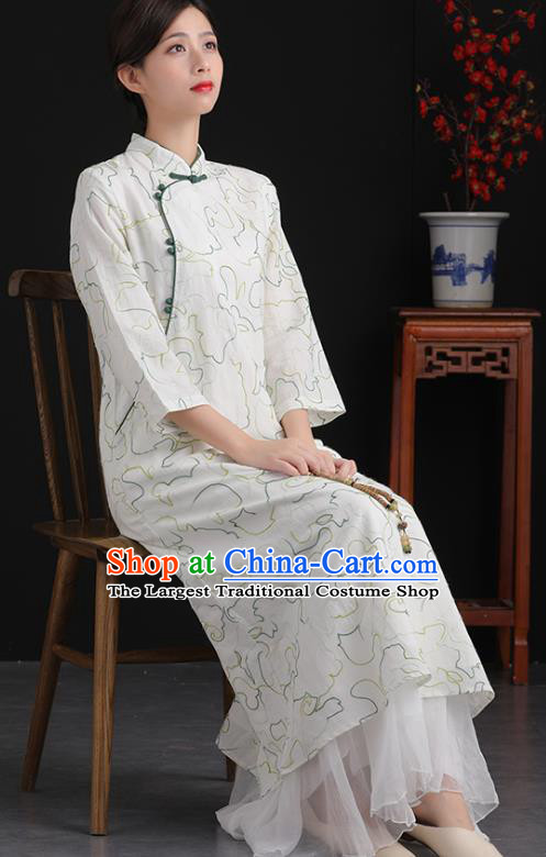 China Tang Suit National Qipao Traditional Women Classical Dress White Flax Cheongsam Tea Culture Clothing