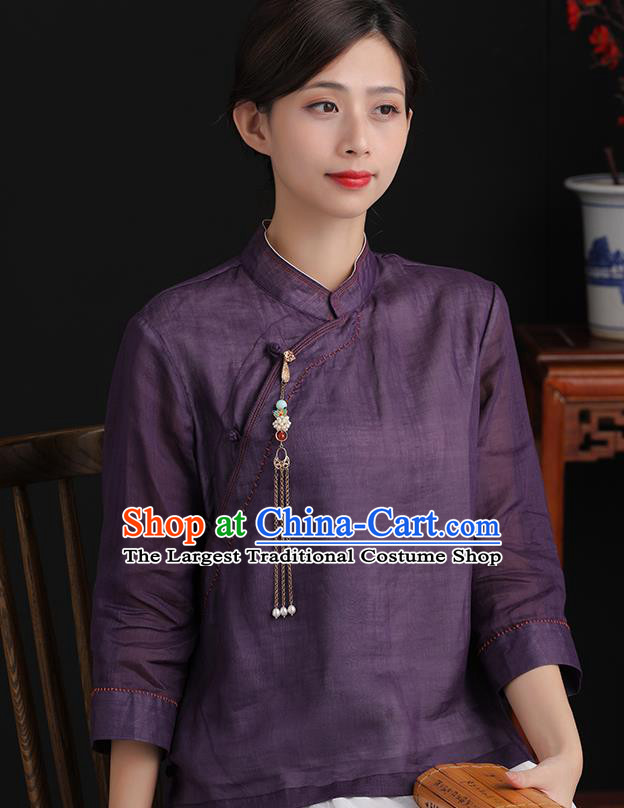 Chinese National Deep Purple Shirt Tang Suit Upper Outer Garment Women Costume Ramine Blouse