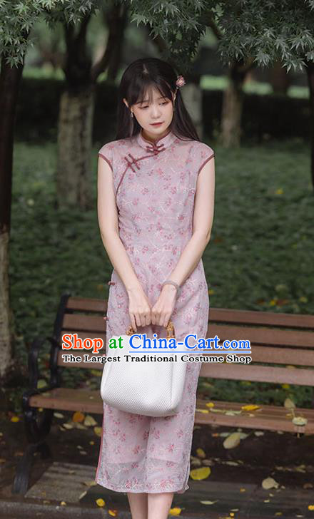 China Pink Flax Qipao National Cheongsam Women Classical Dress Traditional Tang Suit Clothing