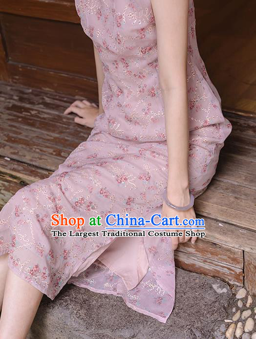 China Pink Flax Qipao National Cheongsam Women Classical Dress Traditional Tang Suit Clothing