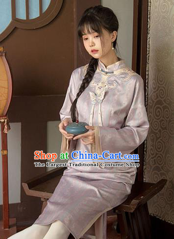 China Lilac Qipao Women Classical Dress Traditional Tang Suit National Wide Sleeve Cheongsam Clothing