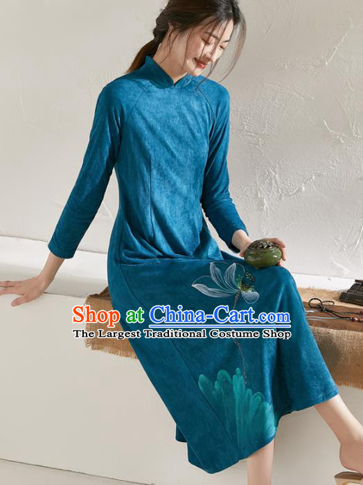China National Hand Painting Lotus Blue Cheongsam Traditional Women Classical Dress Tea Culture Clothing Tang Suit Suede Fabric Qipao