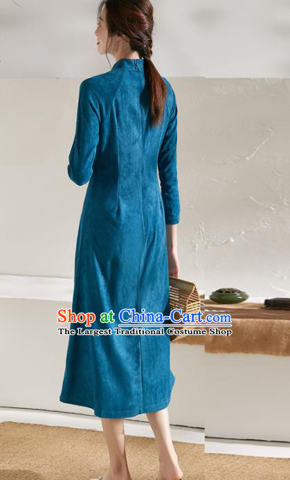 China National Hand Painting Lotus Blue Cheongsam Traditional Women Classical Dress Tea Culture Clothing Tang Suit Suede Fabric Qipao