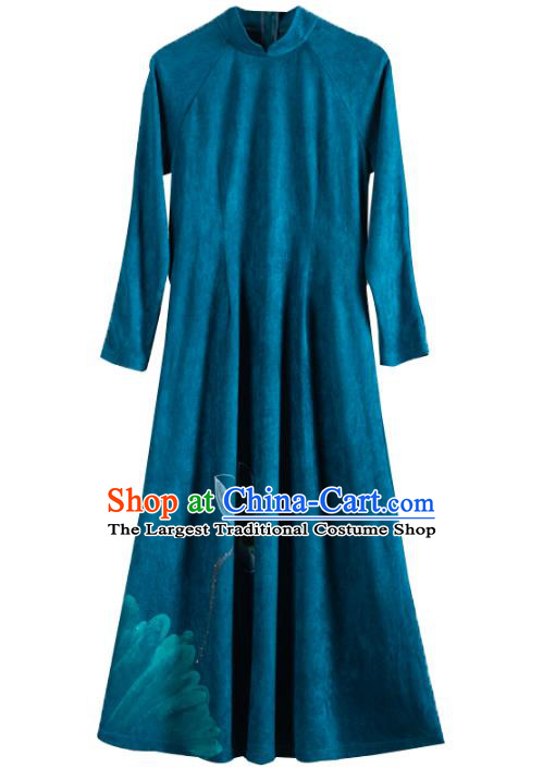 China National Hand Painting Lotus Blue Cheongsam Traditional Women Classical Dress Tea Culture Clothing Tang Suit Suede Fabric Qipao