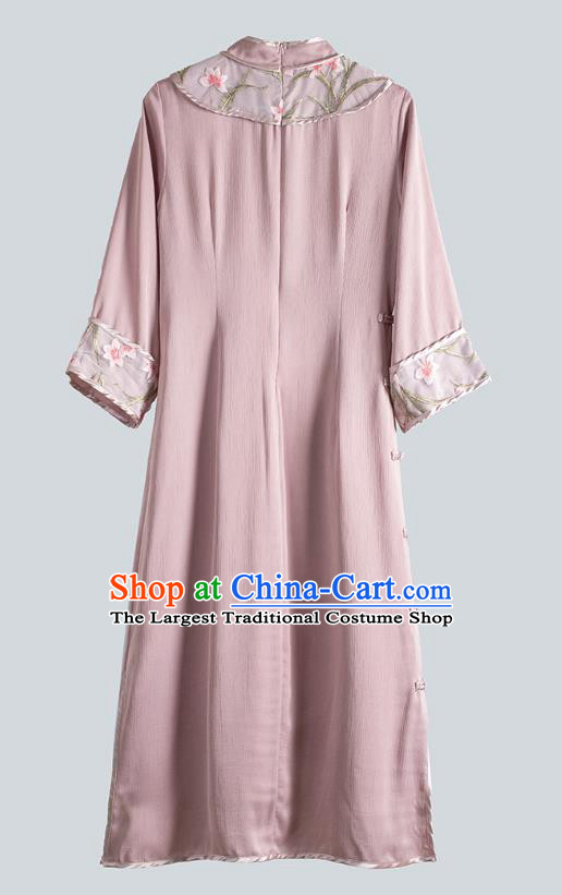China National Embroidered Cheongsam Traditional Women Classical Dress Tea Culture Clothing Tang Suit Deep Pink Qipao