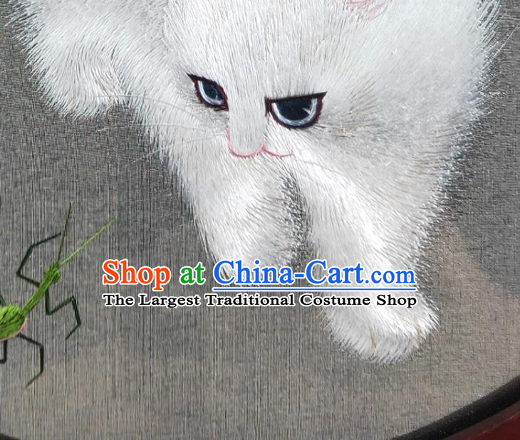 Chinese Handmade Double Side Suzhou Embroidery Cat Rotating Screen Traditional Embroidered Screen Craft Rosewood Table Decoration