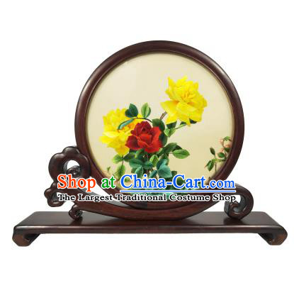 Chinese Rosewood Decoration Traditional Craft Double Side Embroidered Screen Suzhou Embroidery Rose Painting Table Screen