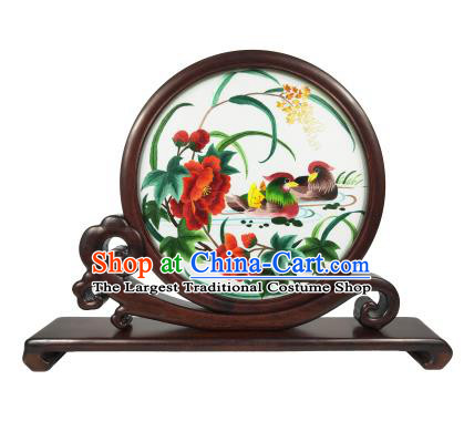 Chinese Handmade Double Side Suzhou Embroidery Screen Traditional Embroidered Mandarin Duck Screen Craft Rosewood Table Decoration