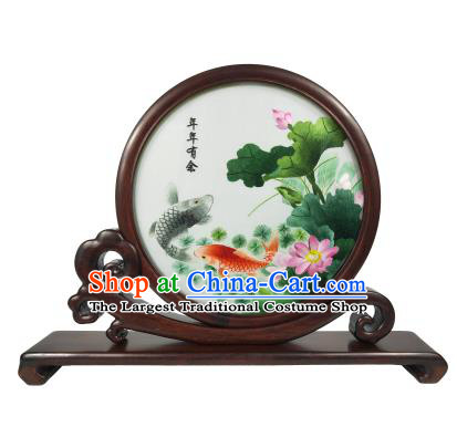 Chinese Embroidered Carp Lotus Screen Traditional Double Side Screen Rosewood Suzhou Embroidery Table Decoration