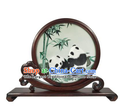 Chinese Double Side Embroidered Screen Traditional Rosewood Carving Table Decoration Suzhou Embroidery Panda Screen