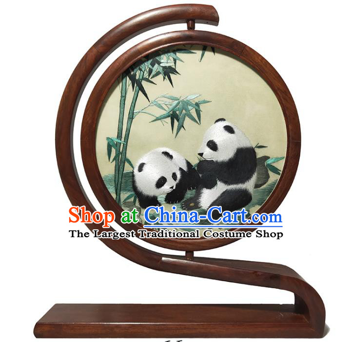 Traditional Double Side Embroidered Craft Handmade Panda Bamboo Painting Table Screen China Rosewood Home Decoration