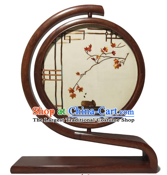 China Traditional Craft Handmade Double Side Embroidered Screen Rosewood Table Screen