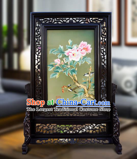 China Embroidered Peony Screen Traditional Home Furnishings Handmade Craft Wood Carving Table Screen