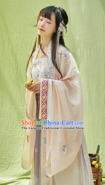 China Ancient Song Dynasty Young Lady Embroidered Costumes Traditional Hanfu Clothing Beige BeiZi Top and Skirt for Women