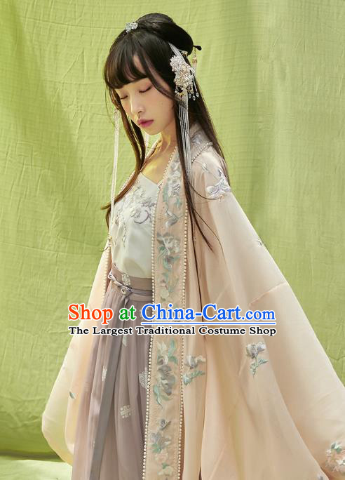 China Ancient Song Dynasty Young Lady Embroidered Costumes Traditional Hanfu Clothing Beige BeiZi Top and Skirt for Women