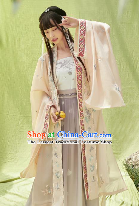 China Ancient Song Dynasty Young Lady Embroidered Costumes Traditional Hanfu Clothing Beige BeiZi Top and Skirt for Women