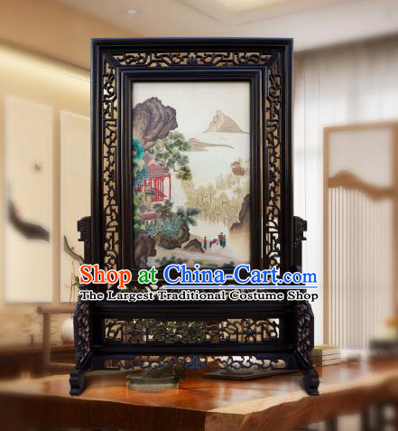 China Embroidered Landscape Painting Screen Traditional Home Furnishings Handmade Wood Carving Double Side Table Screen