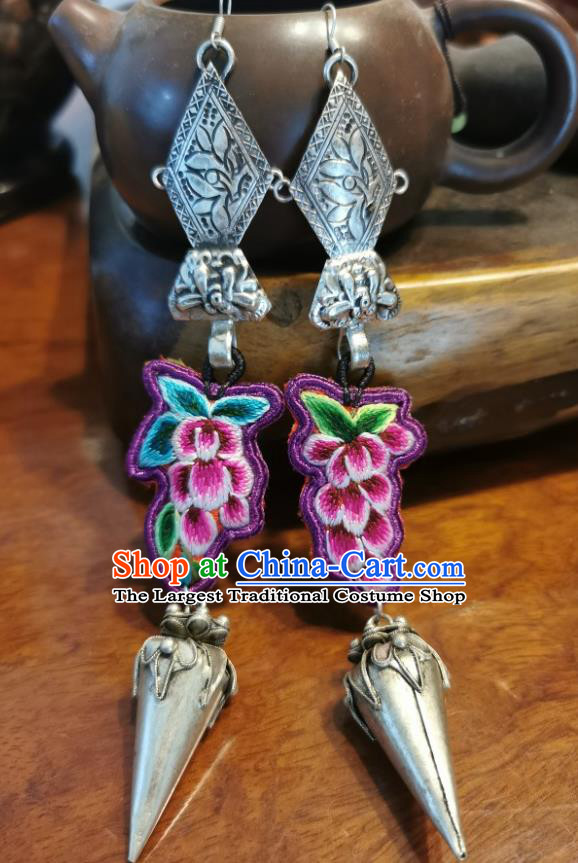 Traditional China Ethnic Embroidered Grape Earrings Handmade Ear Accessories Silver Carving Jewelry for Women