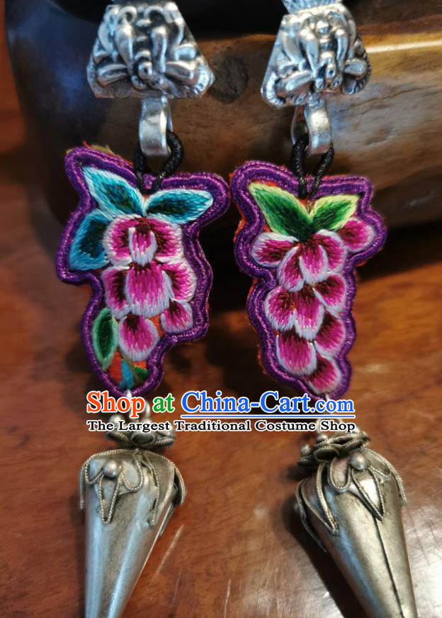 Traditional China Ethnic Embroidered Grape Earrings Handmade Ear Accessories Silver Carving Jewelry for Women