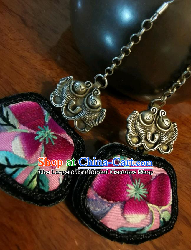 China Ethnic Pink Embroidered Earrings Handmade Ear Accessories Traditional Silver Fishes Jewelry for Women