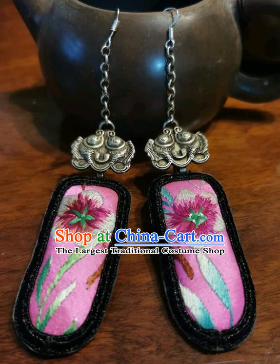 Handmade China Ethnic Pink Earrings Traditional Embroidered Plum Blossom Ear Accessories Silver Fishes Jewelry for Women
