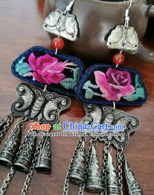 Handmade China Silver Carving Butterfly Tassel Eardrop Traditional Accessories Ethnic Embroidered Rose Earrings for Women