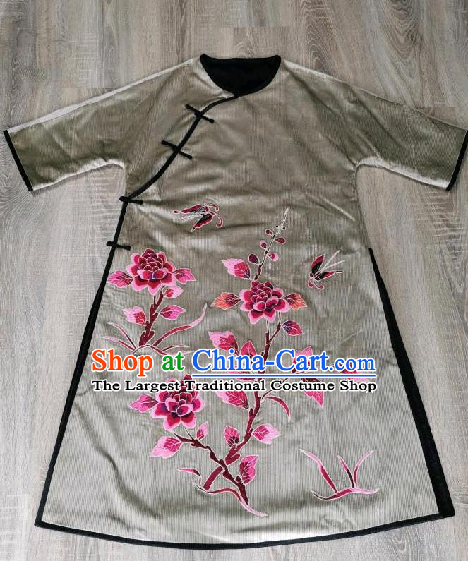 Chinese Embroidered Peony Cheongsam Traditional Embroidery Grey Corduroy Qipao Dress National Clothing