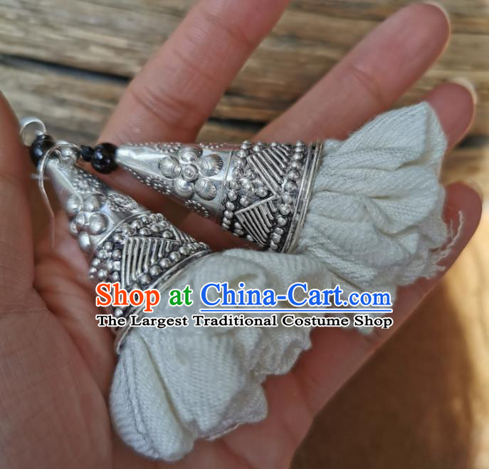 China Handmade White Flax Eardrop Traditional Miao Ethnic Earrings Silver Carving Accessories for Women