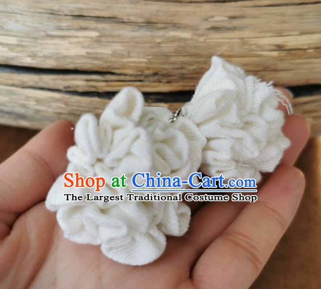 China Handmade White Flax Eardrop Traditional Miao Ethnic Earrings Silver Carving Accessories for Women