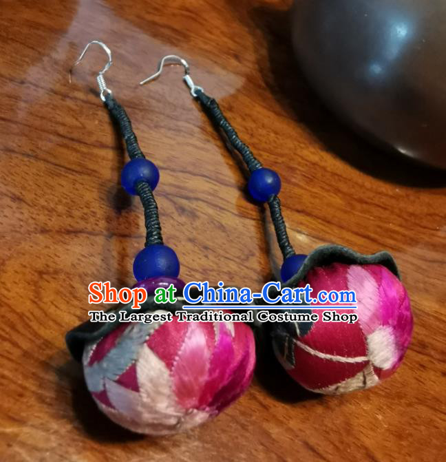 Traditional China Miao Ethnic Rosy Silk Ear Accessories Handmade Embroidered Earrings for Women
