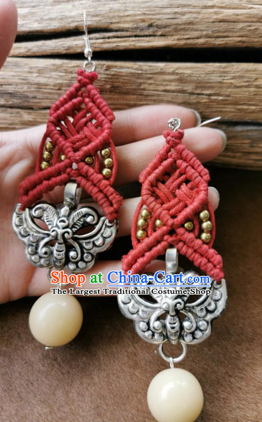 Handmade China National Red Sennit Earrings Traditional Miao Ethnic Ear Accessories Silver Carving Butterfly Eardrop for Women