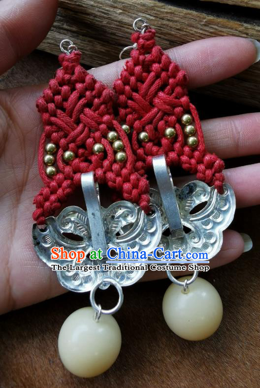 Handmade China National Red Sennit Earrings Traditional Miao Ethnic Ear Accessories Silver Carving Butterfly Eardrop for Women