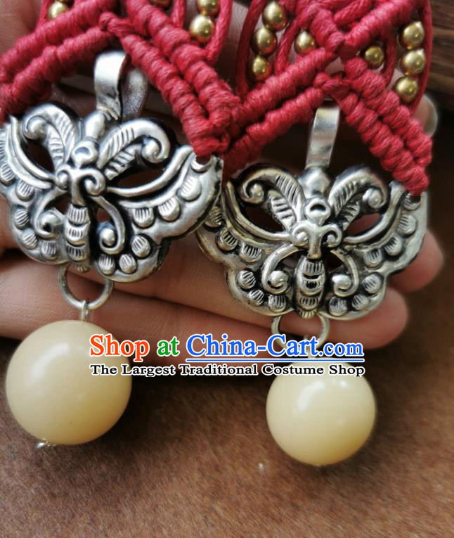 Handmade China National Red Sennit Earrings Traditional Miao Ethnic Ear Accessories Silver Carving Butterfly Eardrop for Women