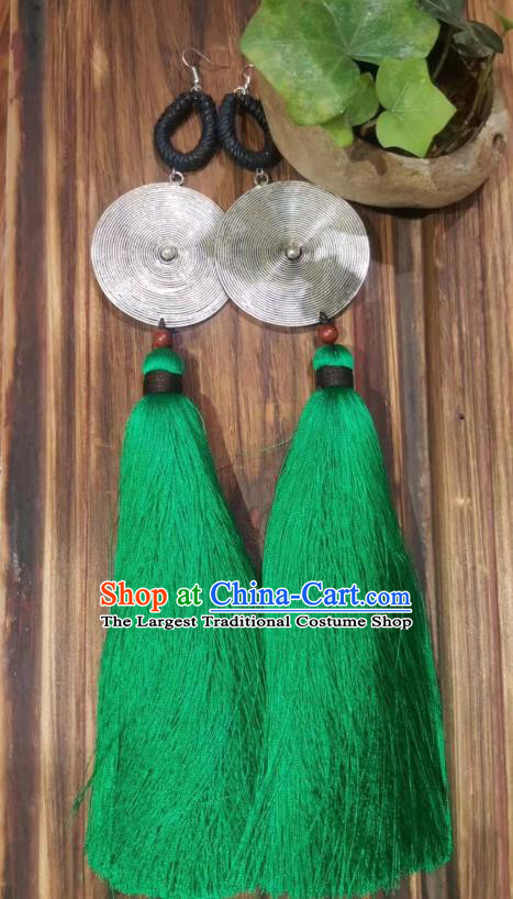 Handmade China Green Long Tassel Earrings Miao Ethnic Jewelry Traditional National Silver Ear Accessories