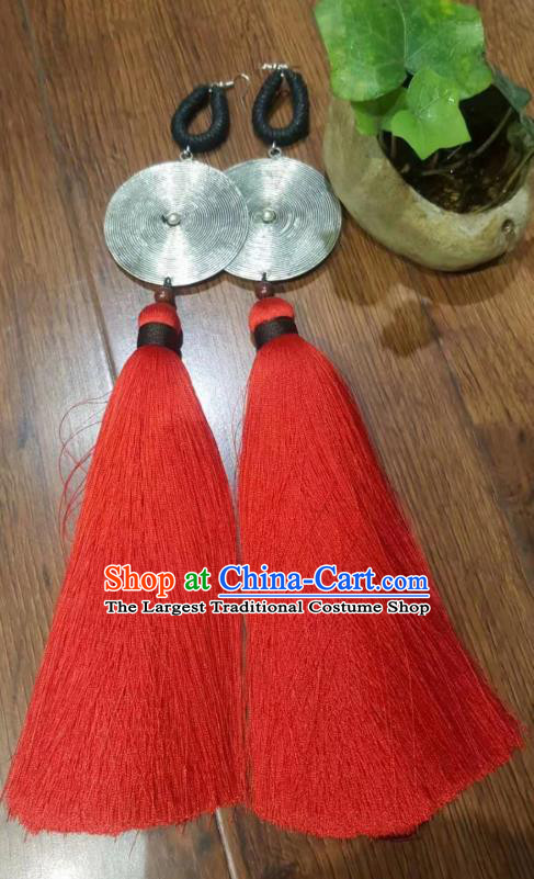China Traditional Red Long Tassel Earrings National Silver Ear Accessories Handmade Miao Ethnic Exaggerated Jewelry