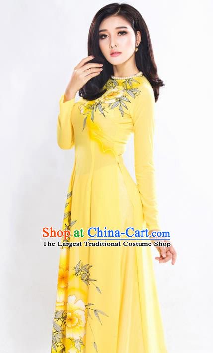 Asian Vietnam Classical Bamboo Pattern Ao Dai Qipao Traditional Vietnamese Costumes Yellow Cheongsam Dress and Loose Pants for Women