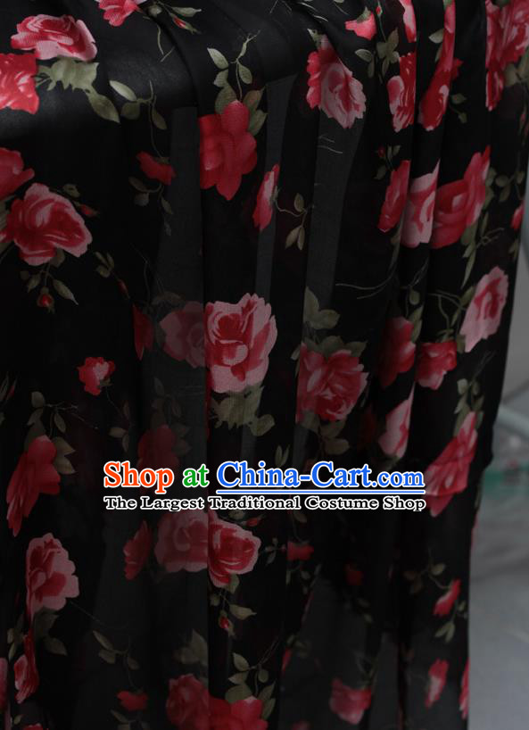 Asian Vietnam Classical Roses Pattern Ao Dai Qipao Traditional Vietnamese Costumes Black Silk Cheongsam Dress and Loose Pants for Women