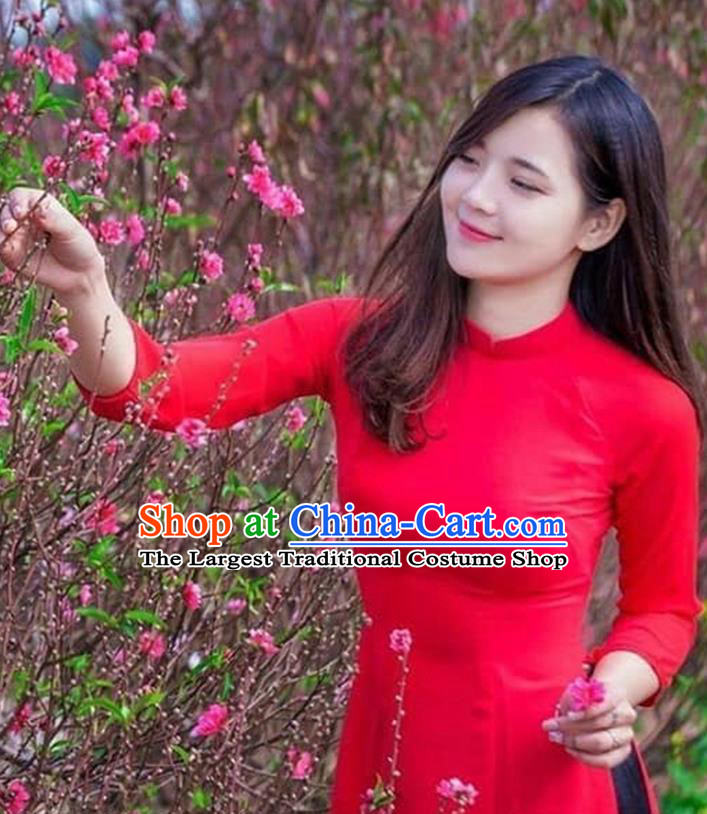 Asian Vietnam Classical Ao Dai Qipao Traditional Vietnamese Costumes Red Cheongsam Dress and Loose Pants for Women