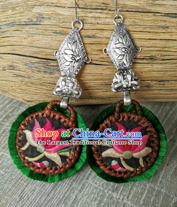 China Traditional National Silver Rattan Ear Accessories Handmade Miao Ethnic Embroidered Lotus Earrings