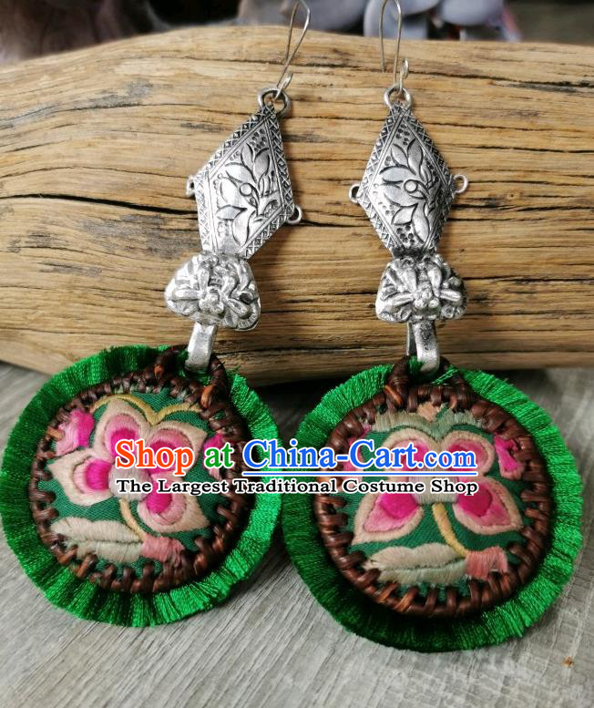China Handmade Miao Ethnic Silver Carving Earrings Traditional National Embroidered Green Ear Accessories
