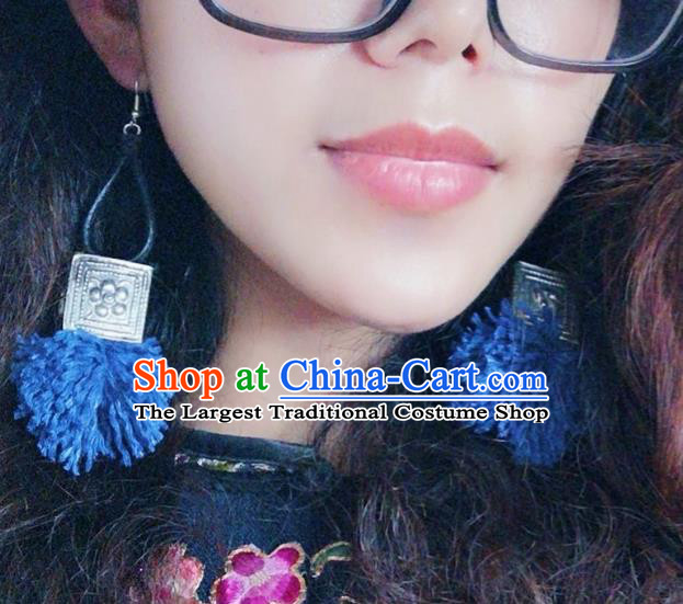Handmade China Traditional National Sliver Ear Accessories Women Jewelry Miao Ethnic Blue Waxed Thread Earrings