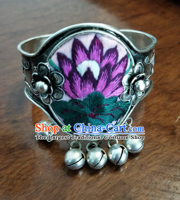 China National Silver Bell Tassel Accessories Traditional Miao Ethnic Bracelet Handmade Embroidered Lotus Bangle