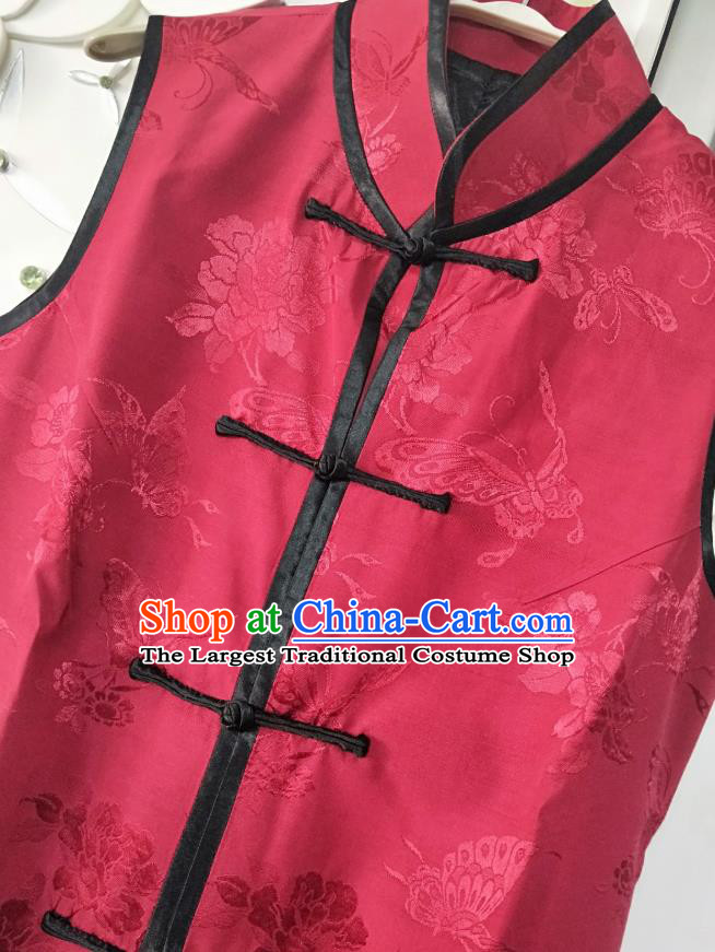 China National Red Satin Long Vest Women Classical Peony Butterfly Pattern Waistcoat Dress Traditional Tang Suit Clothing